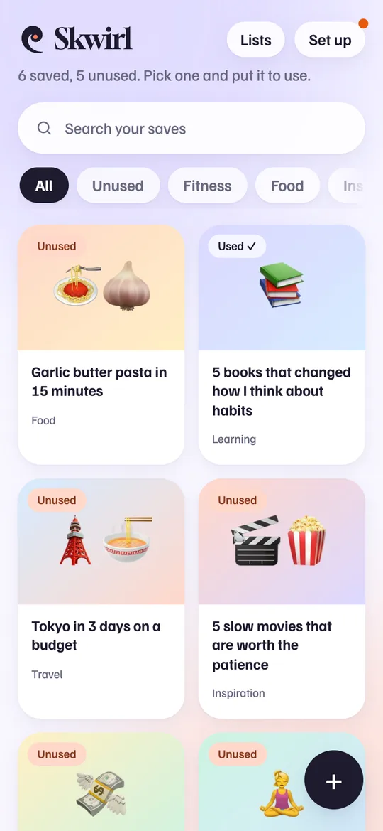 Skwirl library: cards for a pasta recipe, books, a Tokyo trip, slow movies, a budget tip and a mobility routine