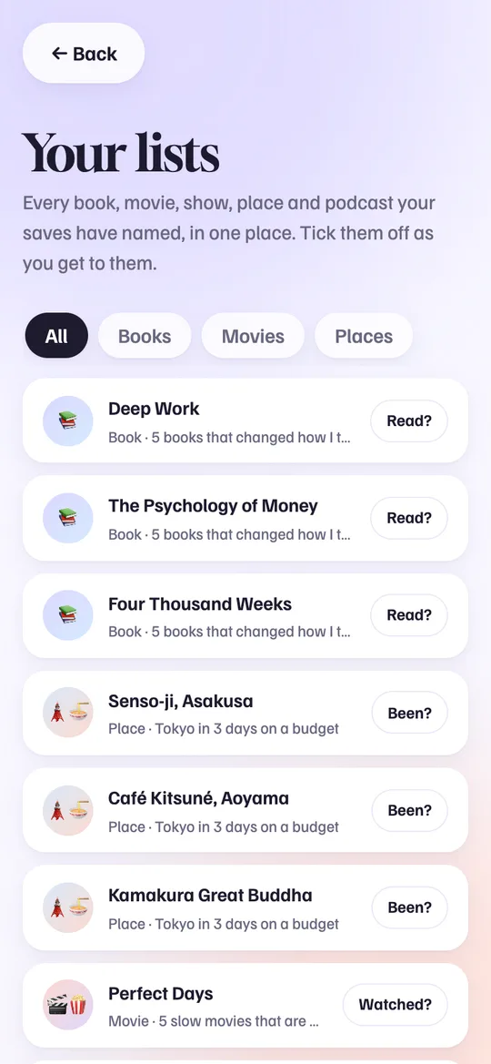 Skwirl lists: books, places and movies named in saved reels, each with a Read, Been or Watched button